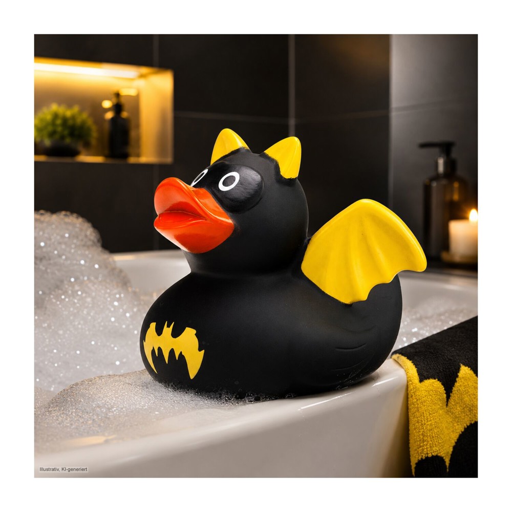 Werbeente Batduck Superheld schwarz-gelb