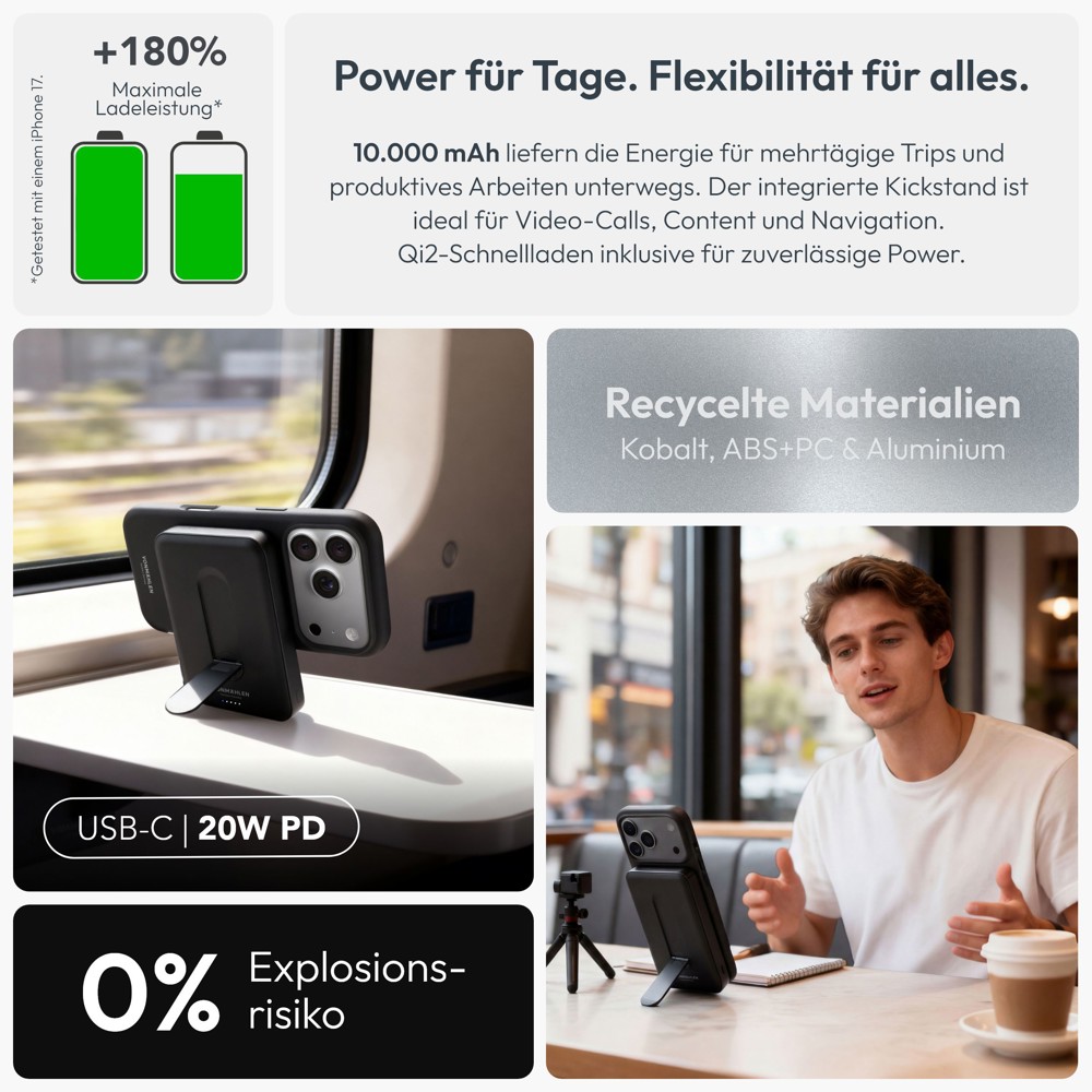 Evergreen Mag 10000 mit Kickstand - Die magnetische Powerbank mit Standfunktion - Schwarz