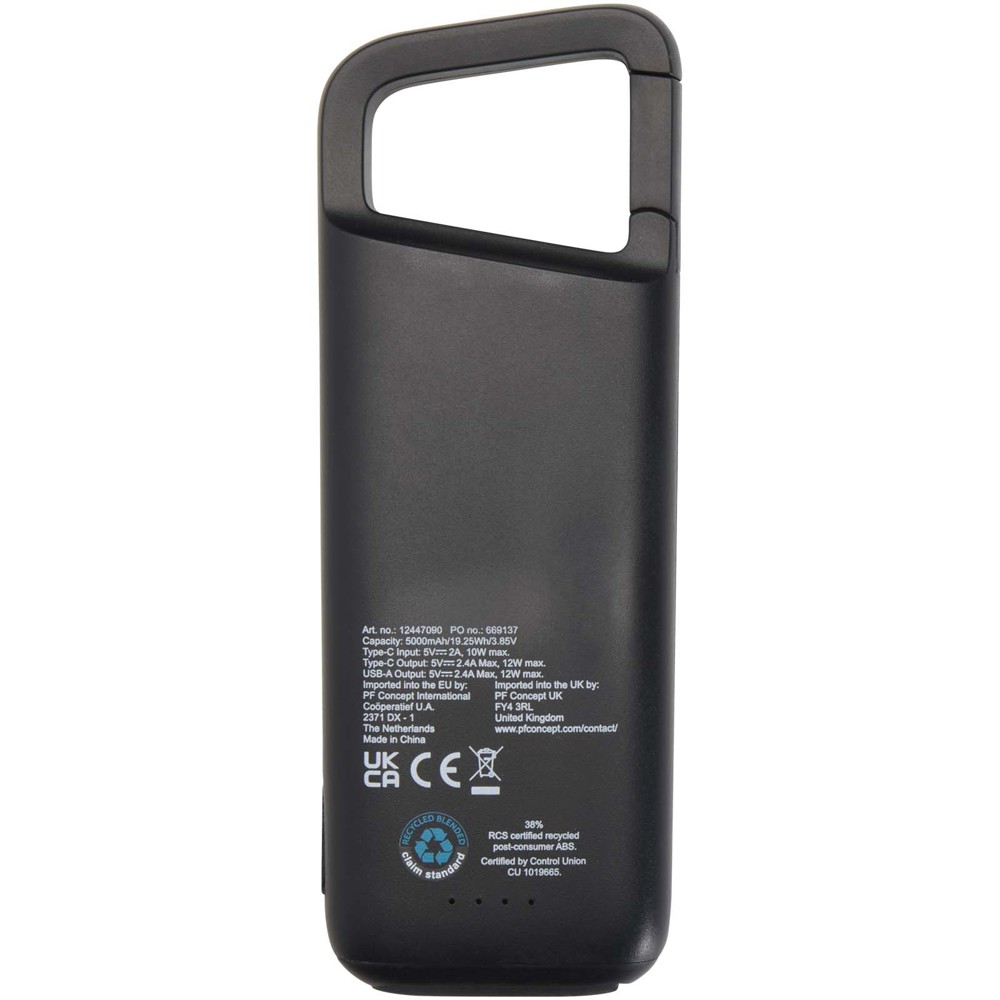 Alkes 12 W 5.000 mAh wasserfeste Powerbank aus recyceltem Kunststoff mit Karabinerhaken