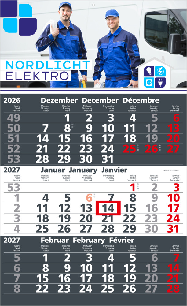 3-Monatskalender Einblatt Solid 3 Schrift fett
