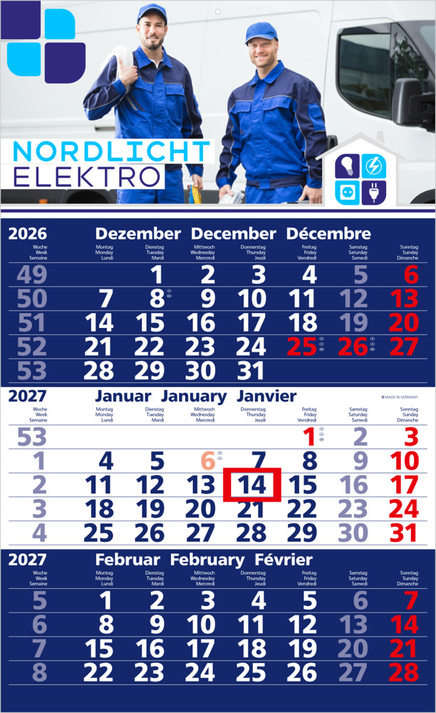 3-Monatskalender Einblatt Solid 3 Schrift fett - dunkelblau