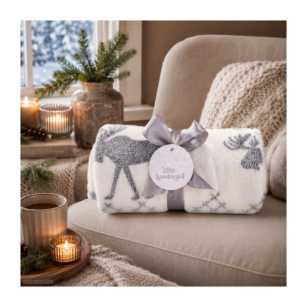 Kuscheldecke Rudolph weiß/grau - 120 x 150 cm, 190 g/m²