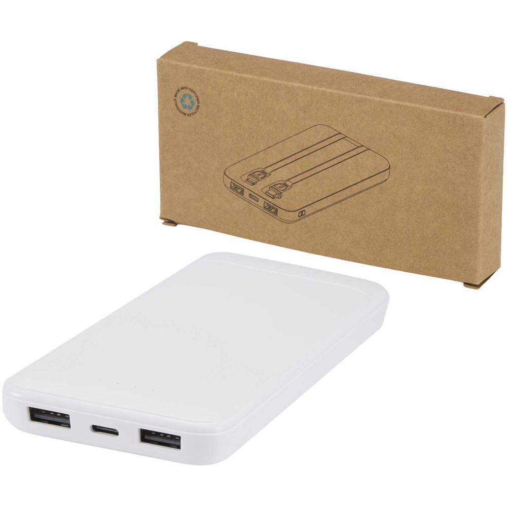 Adhil 10 W 10.000 mAh Powerbank aus recyceltem Kunststoff mit 2 integrierten Kabeln - weiss