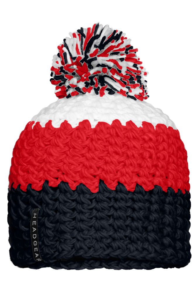 Crocheted Cap with Pompon - Navy/red/white (ca. Pantone 296C
200C
white)