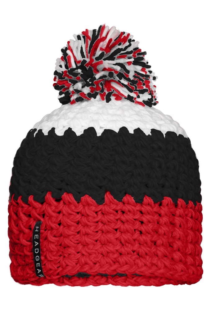 Crocheted Cap with Pompon - Red/black/white (ca. Pantone 200C
blackC
white)